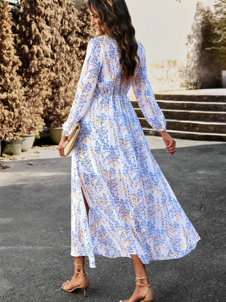 Elegant Chiffon Long Dresses For Women 2023 Autumn Winter High Waist Floral Print Casual Maxi Dress Sexy V-neck Evening Dresses