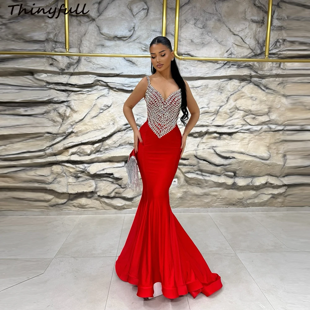 

Thinyfull Mermaid Long Satin Prom Dress Sweetheart Sleeveless Crystal Evening Party Dress Formal Gown robes de soirée Customized