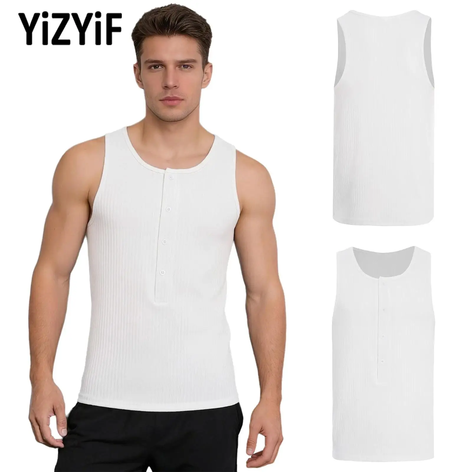 

Men's Vest Workout Gym Yoga Fitness Body-Building Running Clothing Top Button-Up Tank Top Sleeveless Ribbed Vest Top Sportswear