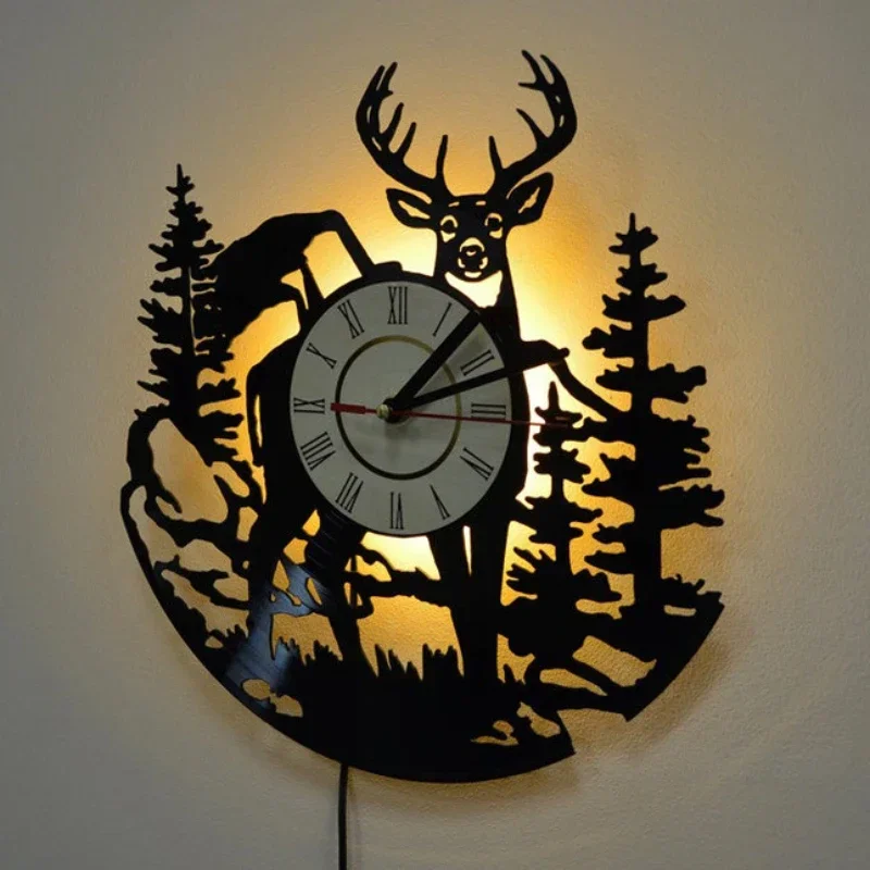 Forest Deer Vinyl Record Wall Clock LED Night Light Remote Control Art Creative Home Decoration Children's Gift Wall Clock