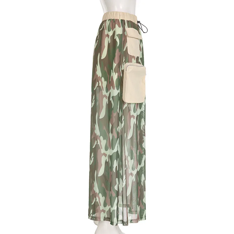 BKLD Y2k Clothing Mesh Camouflage Skirts For Woman Harajuku Fashion Streetwear Pockets Elastic Drawstring High Waist Cargo Skirt