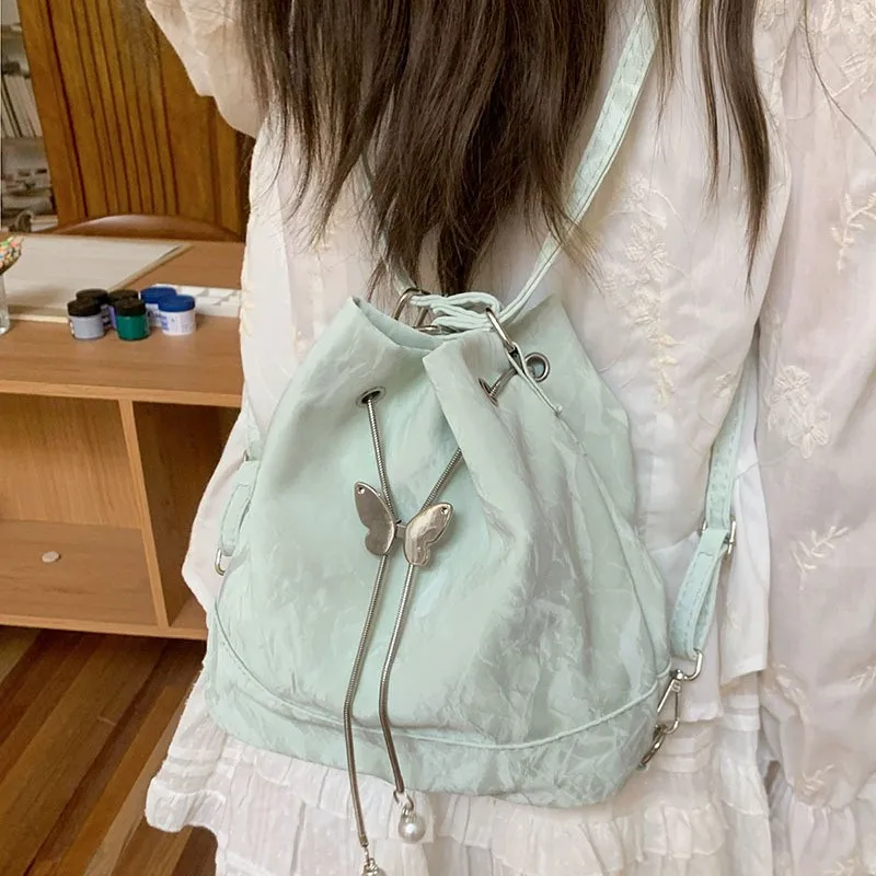 

Ins Korean Sweet Butterfly Backpack Women Large Capacity Bucket Shoulder Bag Ladies Hot Girl Chain Y2k Harajuku Underarm Bag New