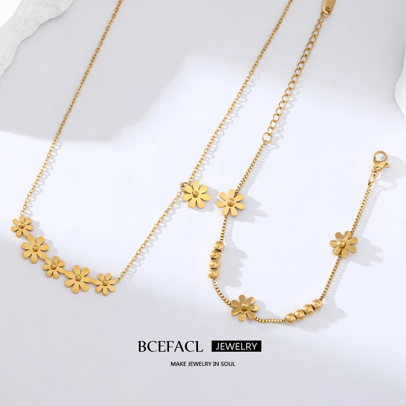 BCEFACL 316L Stainless Steel Gold Color Cute Little Flower Necklace Bracelet For Women Fashion Waterproof Chain Jewelry Set Gift