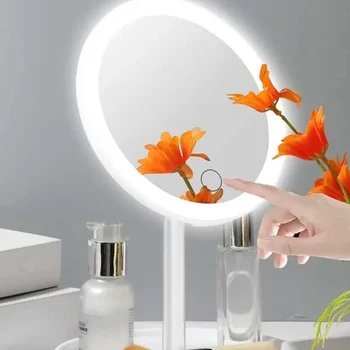 조명이 있는 메이크업 거울, USB 충전식 화이트 핑크 LED 일광 화장 거울, 3 가지 조명 모드, 분리형 보관대 거울