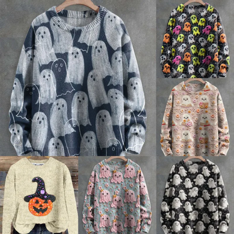 3D Ghost Thick Needle Digital Printed Sweater Halloween Autumn 2024 Retro O-Neck Pumpkin High Street Material Hoodie Top New