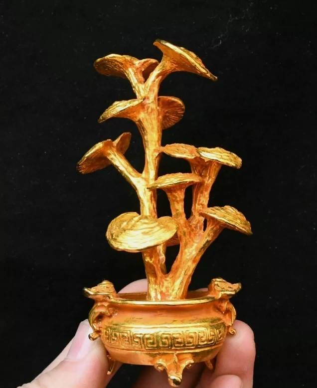 3.9''Old Chinese Dynasty Bronze Gilt Ganoderma lucidum Basin Statue Sculpture