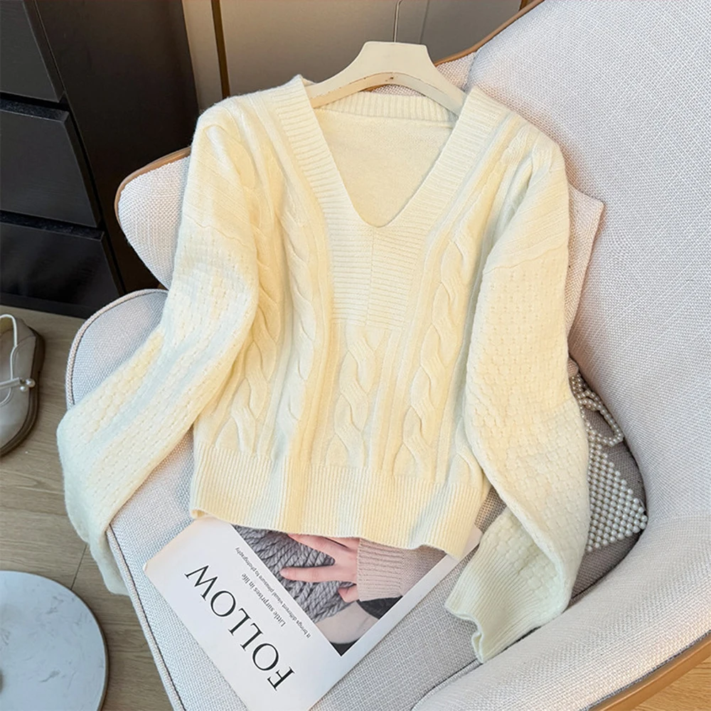 

Вязаный пуловер с узором кабеля, новый весенний пуловер с v-образным вырезом, свитер в корейском стиле, модный трикотаж, женская одежда, повседневная одежда
