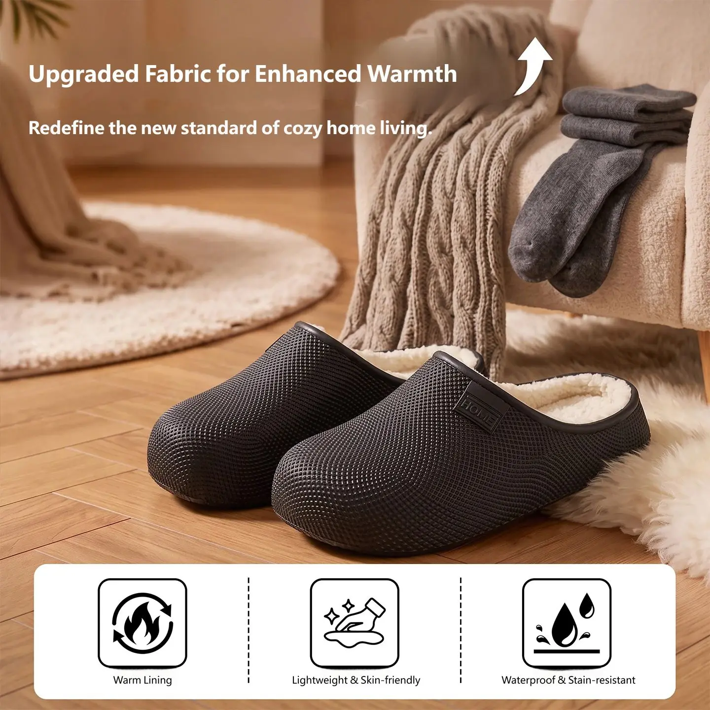 Couple Furry Lined Clog Sandals, Lightweight Waterproof Non-slip Home Slippers Fluffy Skin-friendly Warm House Shoes