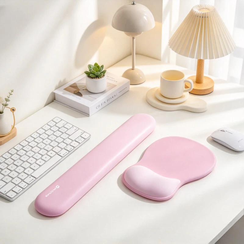 Large Keyboard Wrist Rest Set and Silicone Mouse Support Pad with Slow Rebound Soft Texture in Pink White for Office Typing