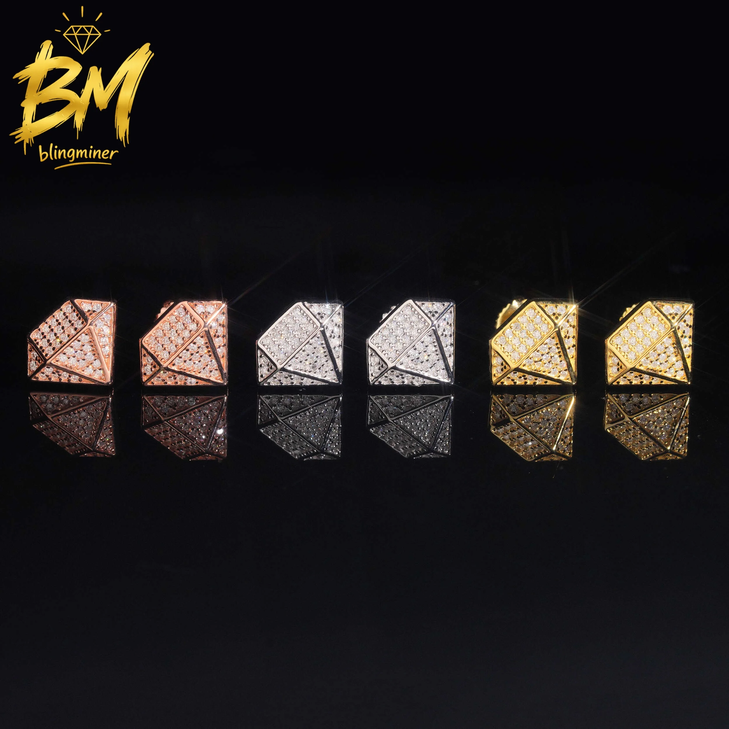 Blingminer Hip Hop Diamond Shape VVS Moissanite Earrings For Men Women S925 Silver Ear Studs Pass Diamonds Tester Free Shipping