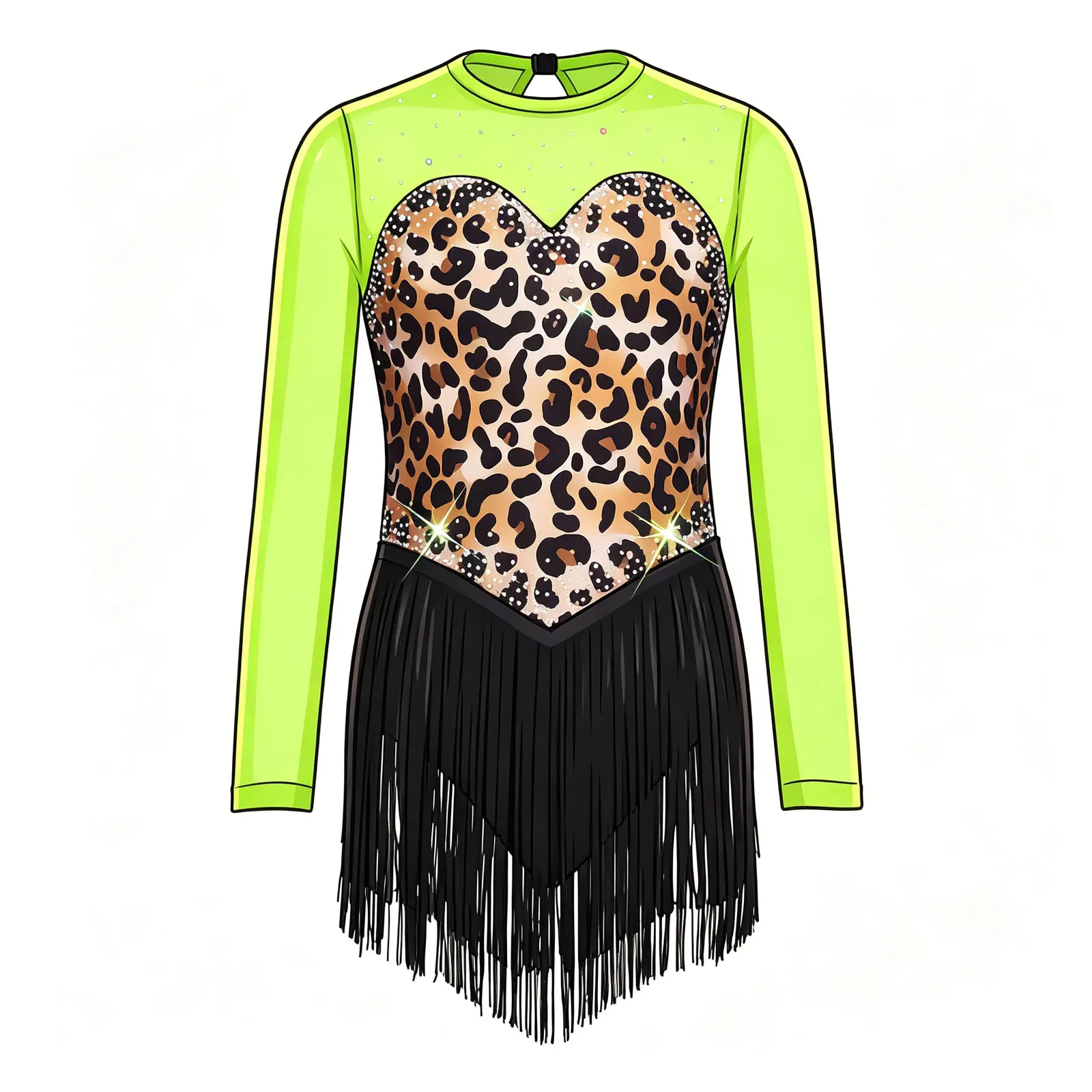 

Children Latin Dance Dress for Girls New Leopard Print Fringe Skirted Bodysuit Cha-cha Samba Rumba Training Performance Clothing