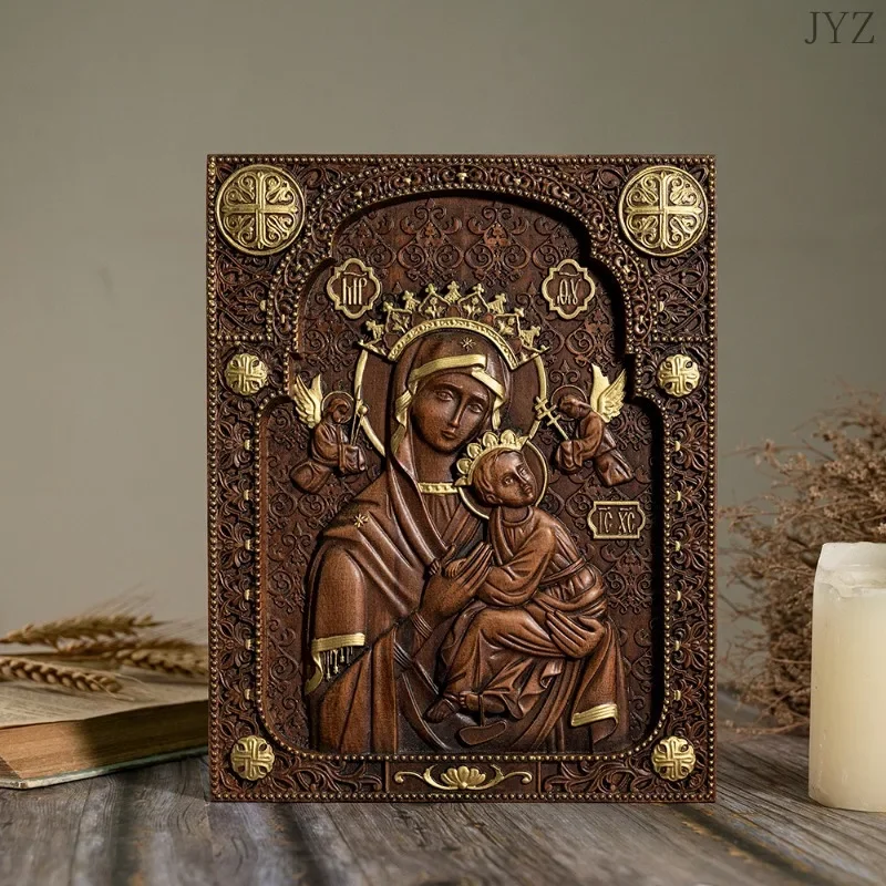 Vintage Wood Carved Religious Our Lady Statue of Perpetual Wall Home Decor