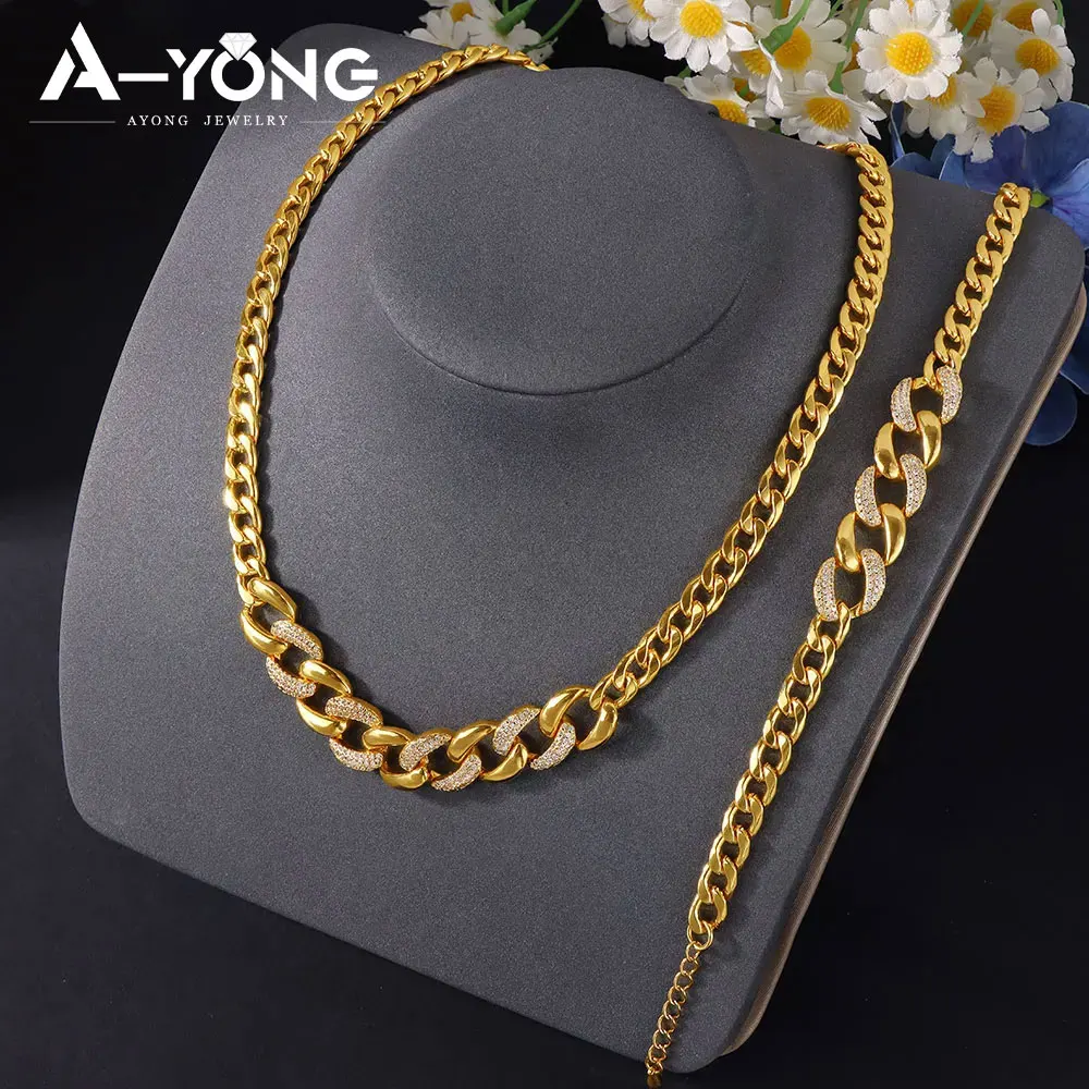 

Dubai Fashion Jewelry Set 21k Gold Plated Arabic Muslim Vintage Cuban Necklace Bracelet Italian Women Punk Hip Hop Jewelrys