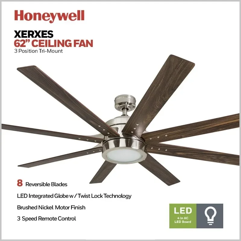 Honeywell Ceiling Fans Xerxes, 62 Inch Contemporary LED Ceiling Fan with Light and Remote Control, 8 Blades with Dual Finish