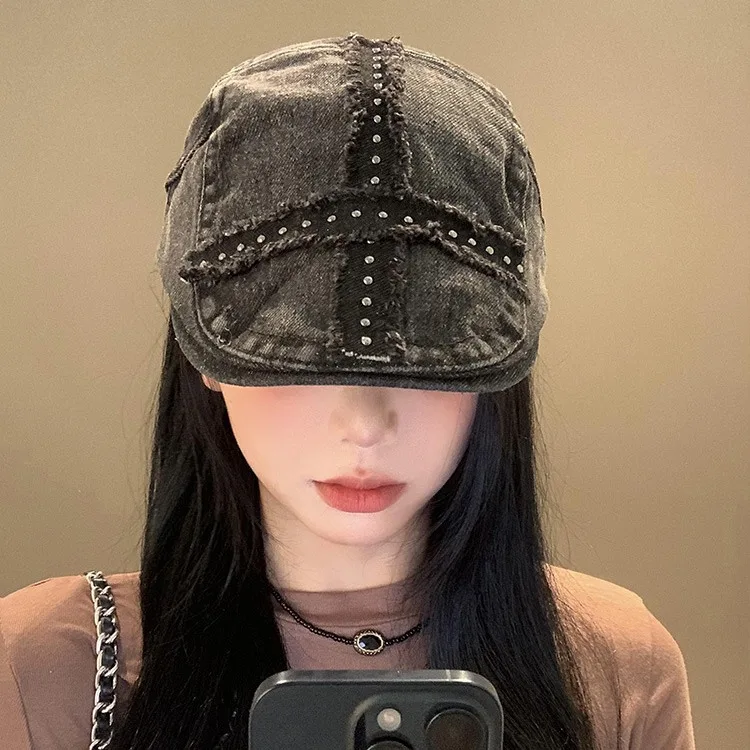 

Girl's Blalck Hats Large Cap Retro Black Denim Riveted Washed Aged Beret American Hat Trend Chapeau Vintage Hot Girl Y2k Hats