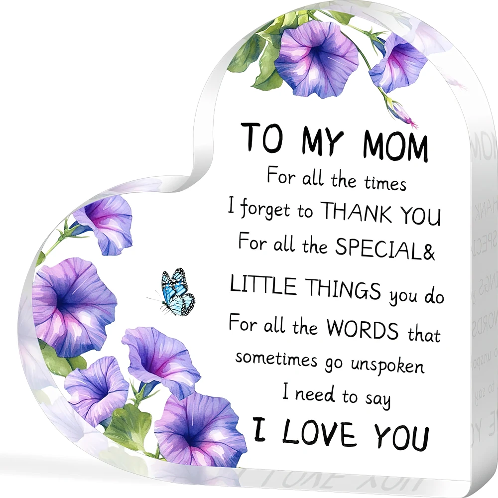 acrylic effect/pattern for Mom from Daughter Son, Mom Gifts,Heart Shaped Acrylic Plaque Gift for Mom Purple Morning Glory Butterfly Decor