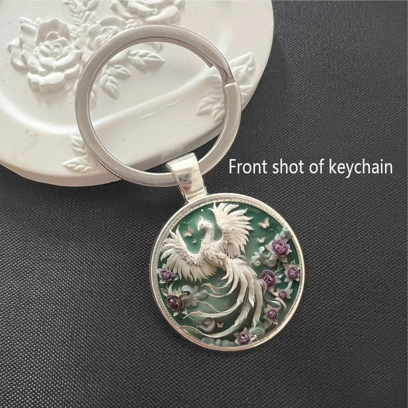 Fashion Glass Time Gem White Phoenix Dragon Talisman Keychain Yin Yang Fish Round Glass Pendant DIY Necklace Party Gift 128