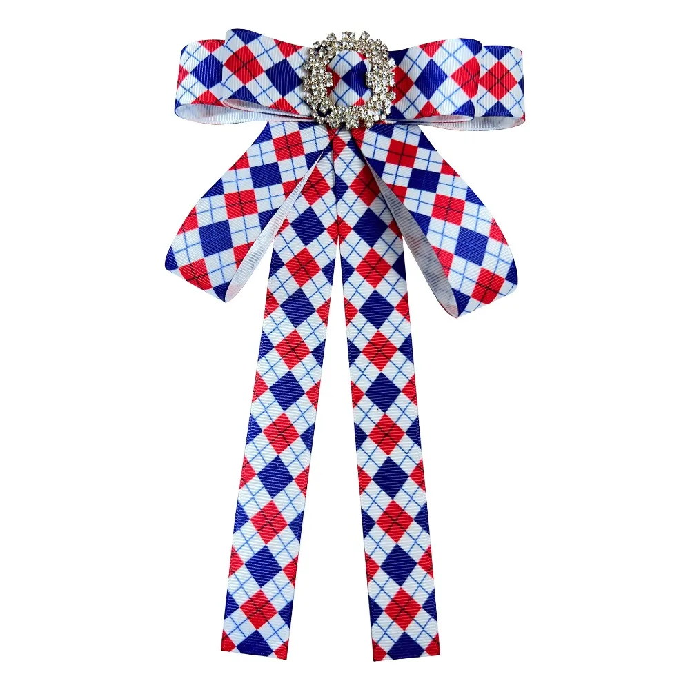 British Collegiate Style Argyle Plaid Rhinestone Bow Brooch Satin Ribbon Long Streamer Lapel Pin School Uniform Shirt Corsage