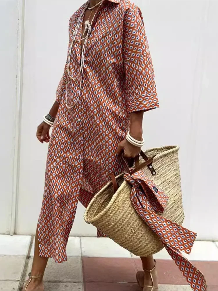 الخريف طويلة الأكمام قميص فستان أنيق حزام فستان طويل للنساء موضة طباعة زر التلبيب الرقبة فساتين غير رسمية رداء فام