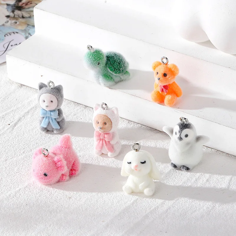 

20pcs Flocking Resin Animal Charms Fluffy Penguin tortoise little bear Pendant For make DIY crafts Jewelry Accessories