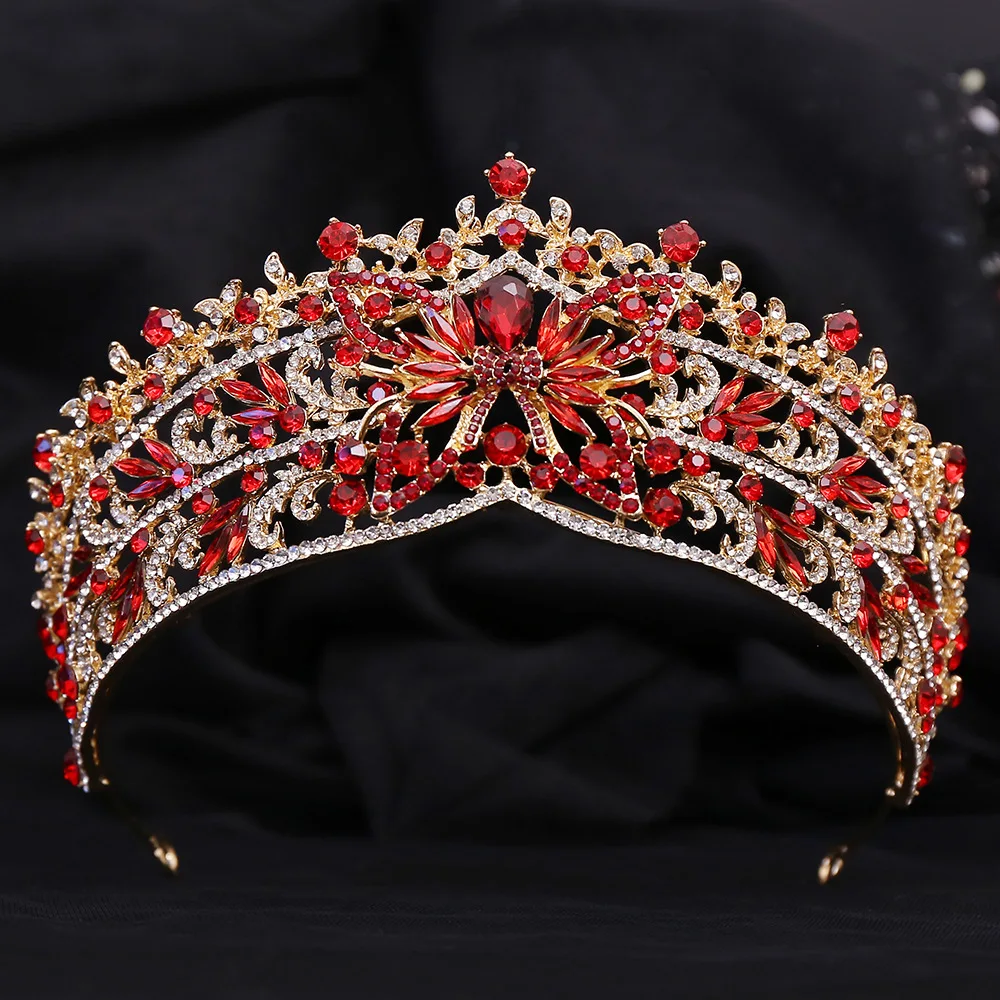 Baroque Gold Color Red Crystal Bridal Tiaras Crowns Rhinestone Pageant Diadem Women Headpieces Wedding Hair Accessories Jewelry