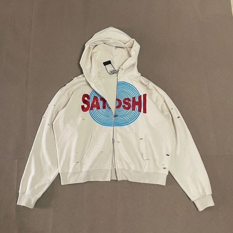 Satoshi Print Zip‑Up Hoodie Distressed Hole Oversize Cropped Cotton Men Women Streetwear Hooded Jacket