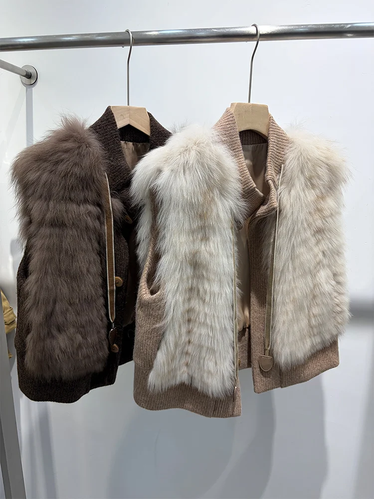 New Spring Autumn Warm Fox Fur Vest Lady Knitted Cardigan Women Waistcoat Femeale Luxury Coat