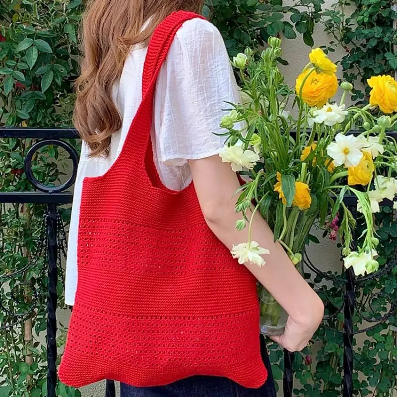 

Korean Fashion Simple Knitting Shoulder Bag Large Capacity Hollow Woven Tote Bag Summer Travel Beach Bags For Women Gifts