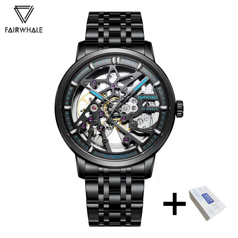 Cool Black Skeleton Watch For Men Luxury Brand Mark Fairwhale Business Dress Stainless Steel Automatic Mechanical Wristwatch Man