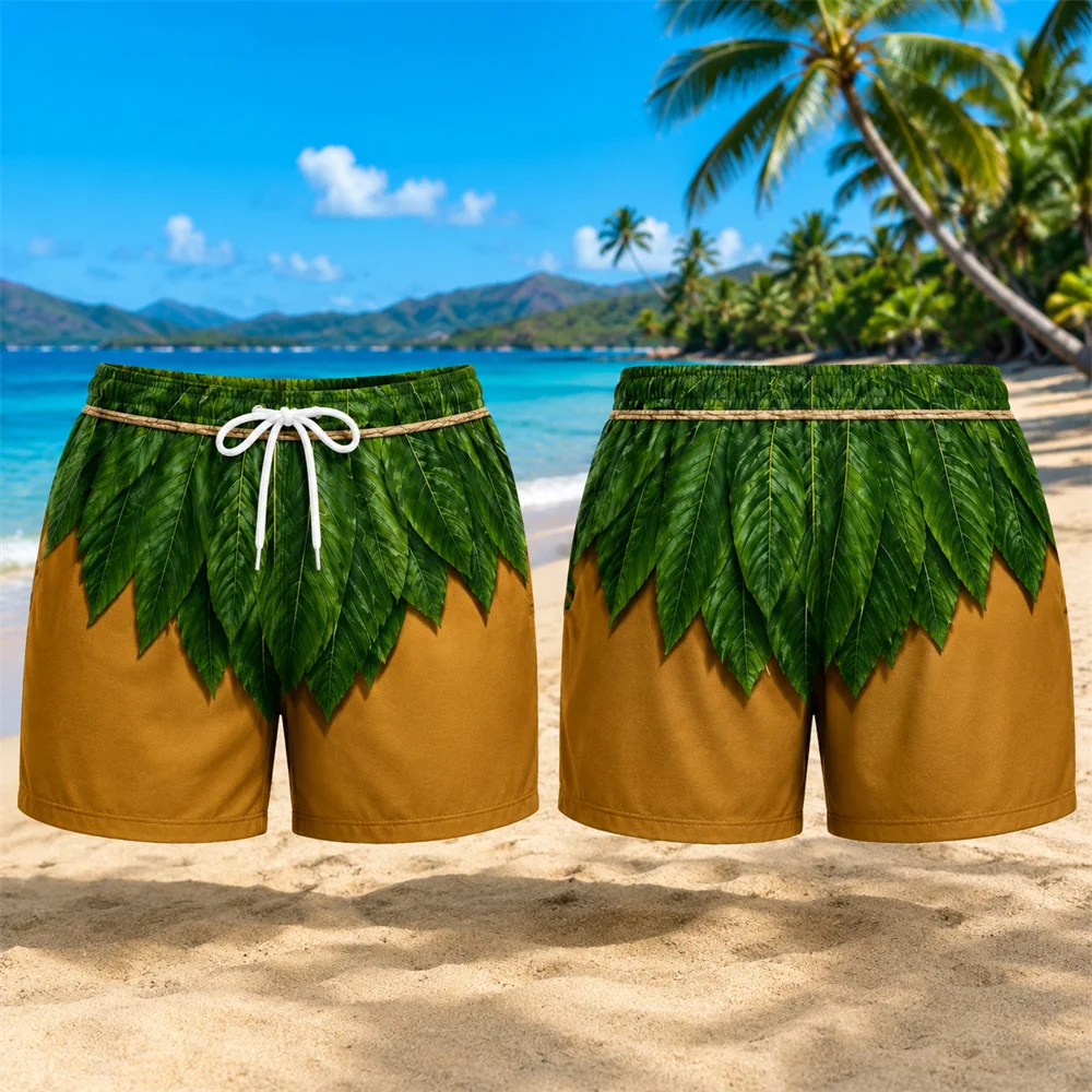 Men Tropical Ti Leaf Print Beach Shorts Hawaiian Grass Skirt Pattern Board Shorts Quick Dry Drawstring Swim Trunks Summer Surf