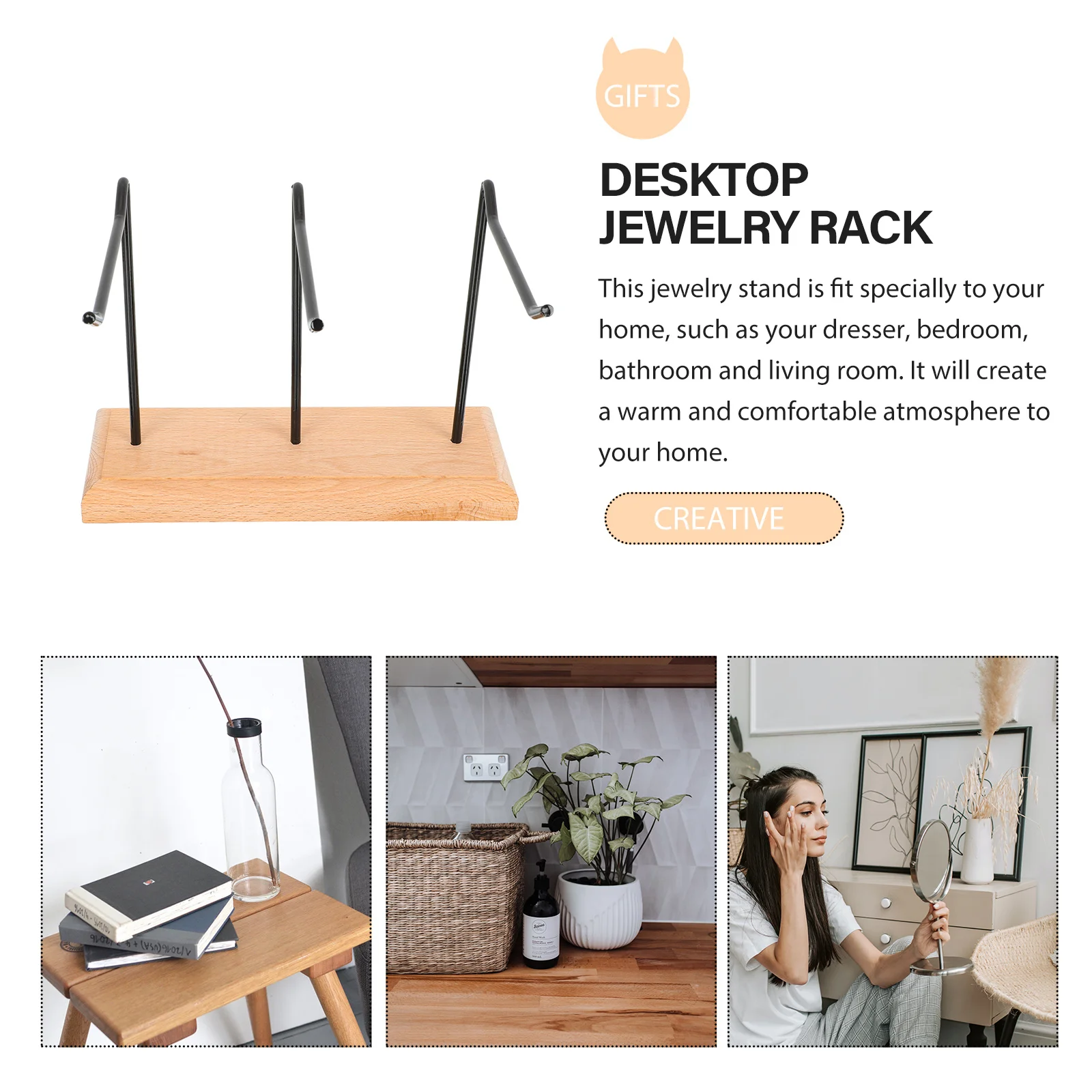 

Wooden Base Iron Jewelry Rack Desktop Organizer for Earrings Necklaces Bracelets Display Stand Home Decorative Storage