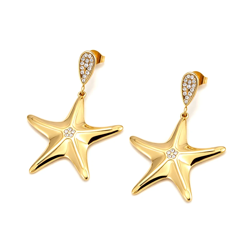 JeeMango Vacation Starfish Zircon Earrings Stainless Steel Beach Dangle Stud Earrings Fashion Jewelry Gift for Summer E26134