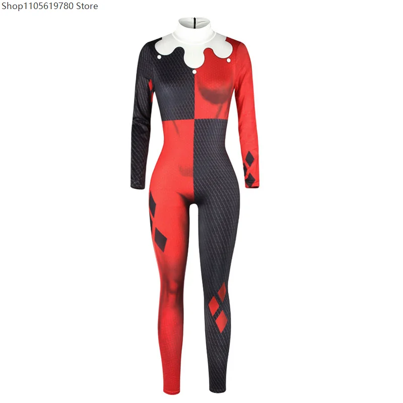 Horror Böser Clown Jumpsuit Catsuit Finsterer Teufel Böser Narr Bodysuit Damen Halloween Cosplay Outfit Bühnen-Karnevalskostüm