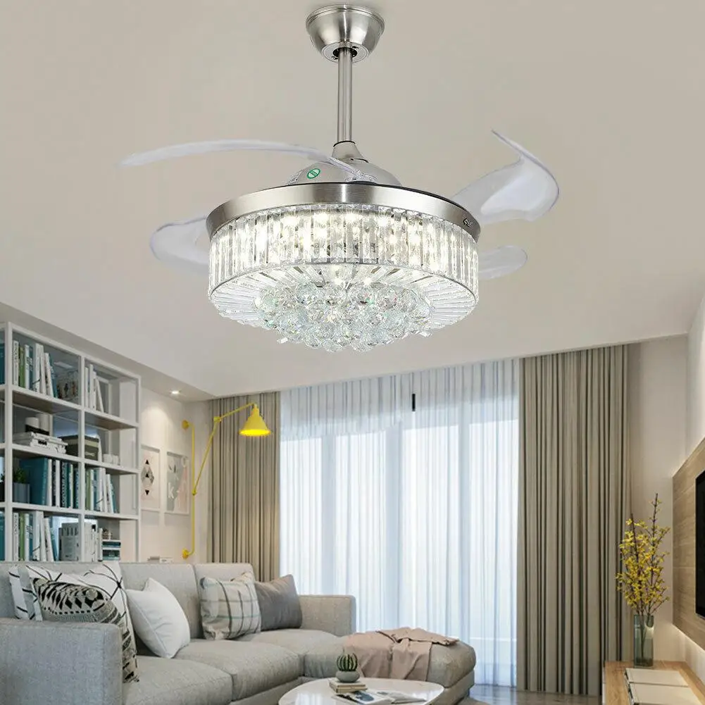 110V Modern Crystal Fandelier Ceiling Fan With LED Light Remote Control Reversible Blades Noise-Free Chandelier