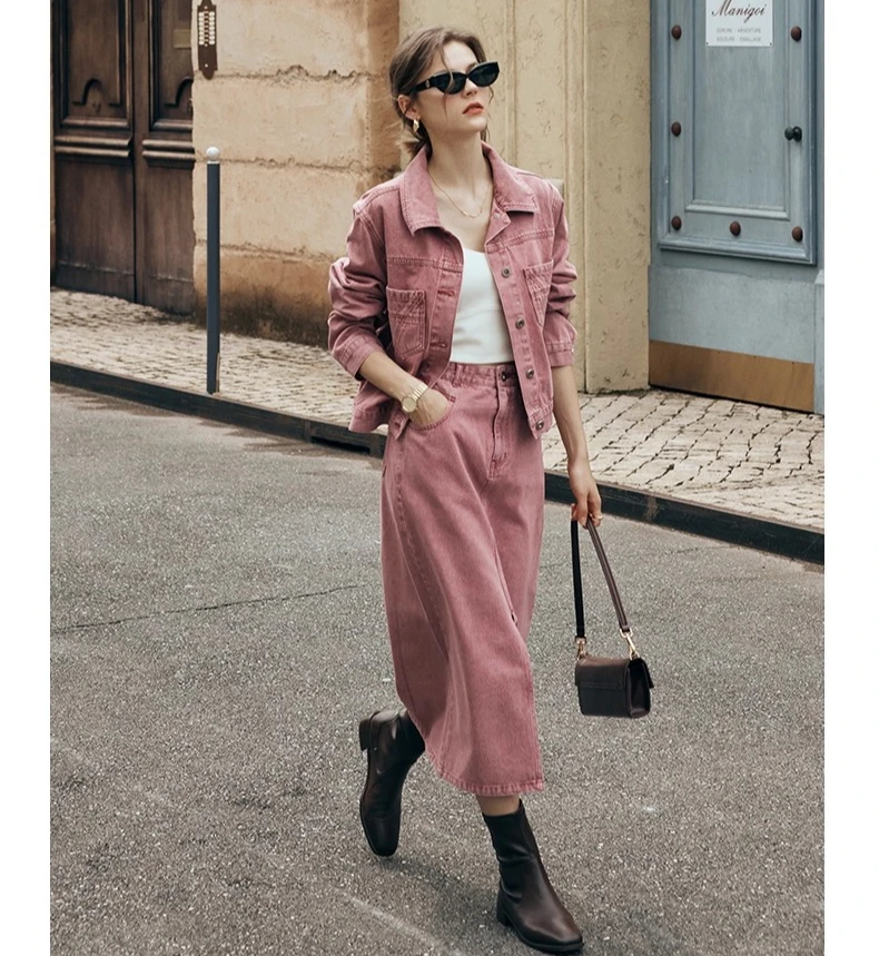 

OLrain French Pink Denim Skirt Women Autumn 2025 High Waist Slit Hem Straight Midi Split Jeans Skirt Ladies Clothing O23QB80630