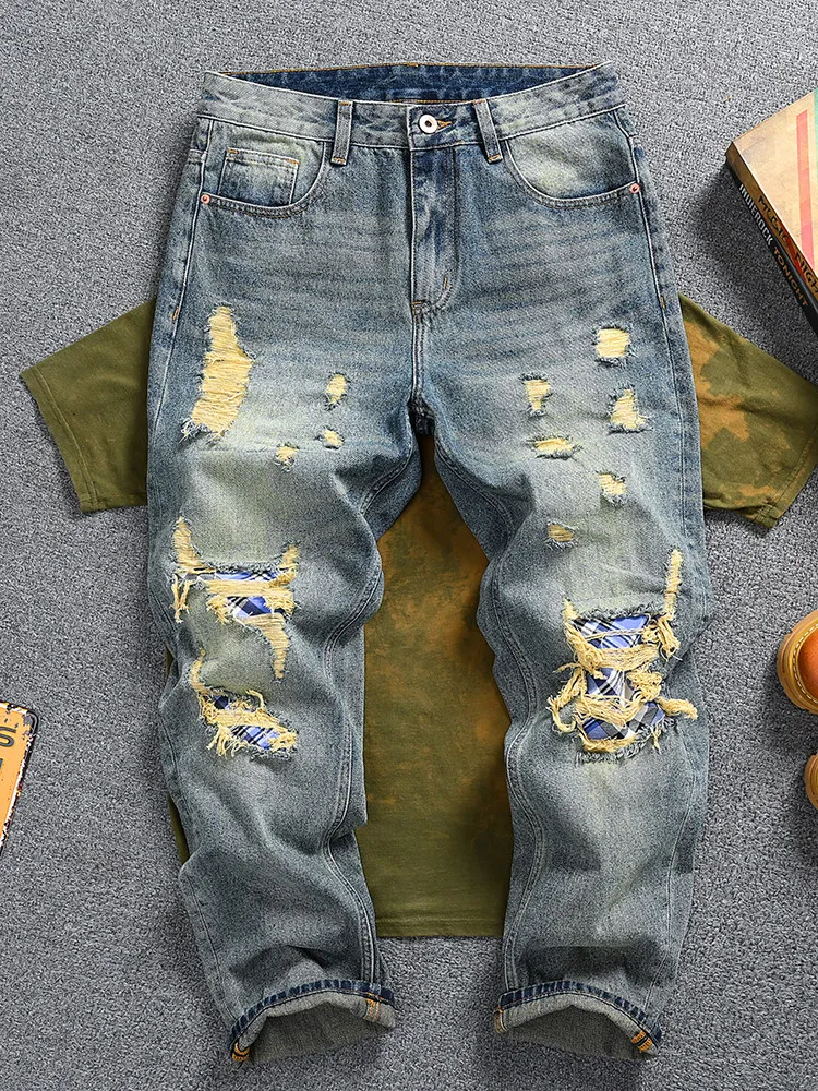 

Vintage Ripped Patch Jeans For Men American Fashion Loose Straight High Street Style Long Pants