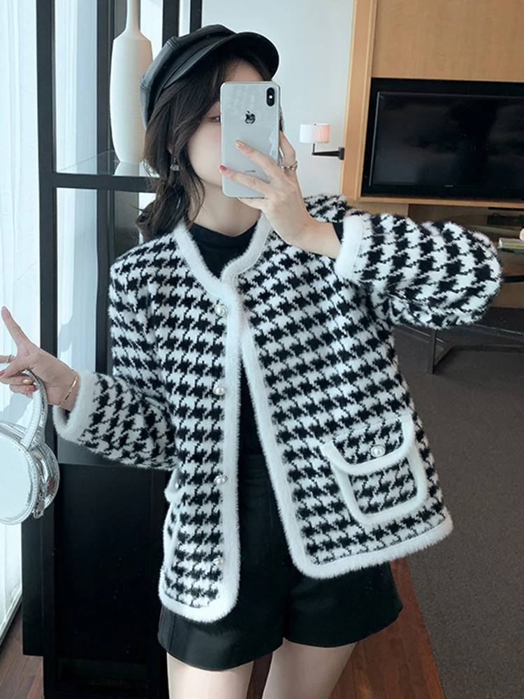 Chic Vintage Houndstooth Knitted Cardigans for Women O Neck Long Sleeve Female Cardigan Sweaters Autumn Winter Casual Knitwear