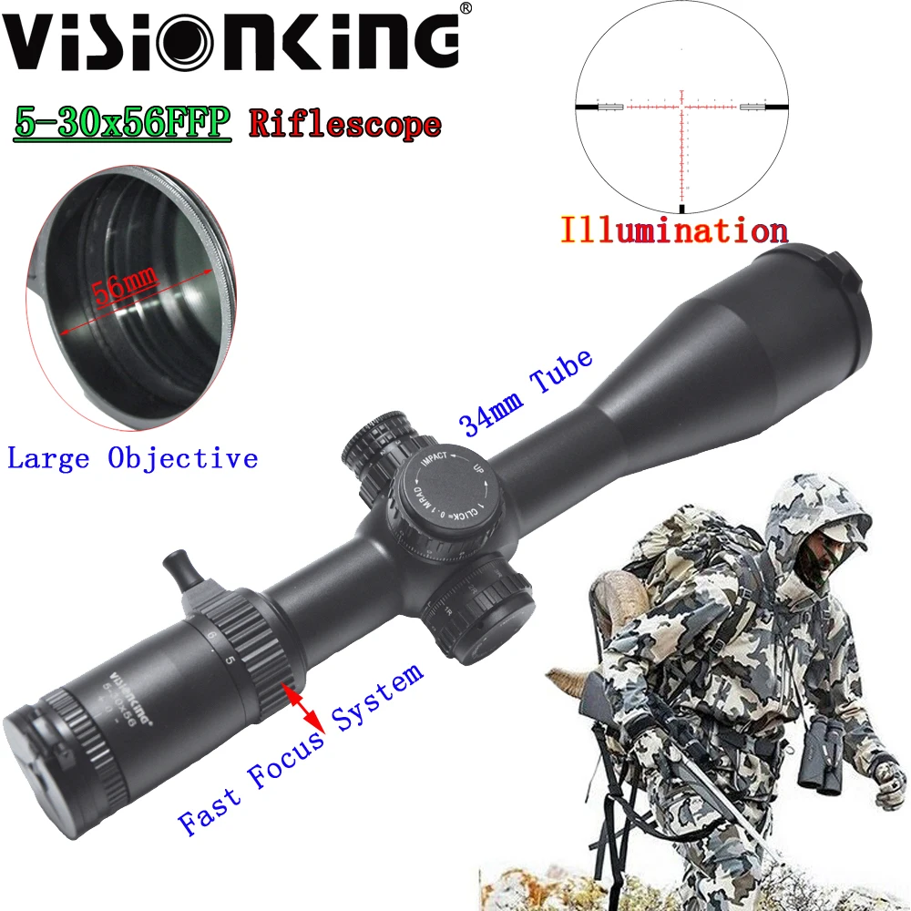 

Visionking 5-30x56 FFP Precision Riflescope Illumination IR-MIL Side Focus Tactical Long Range Shooting 34mm Tube Optical Sight