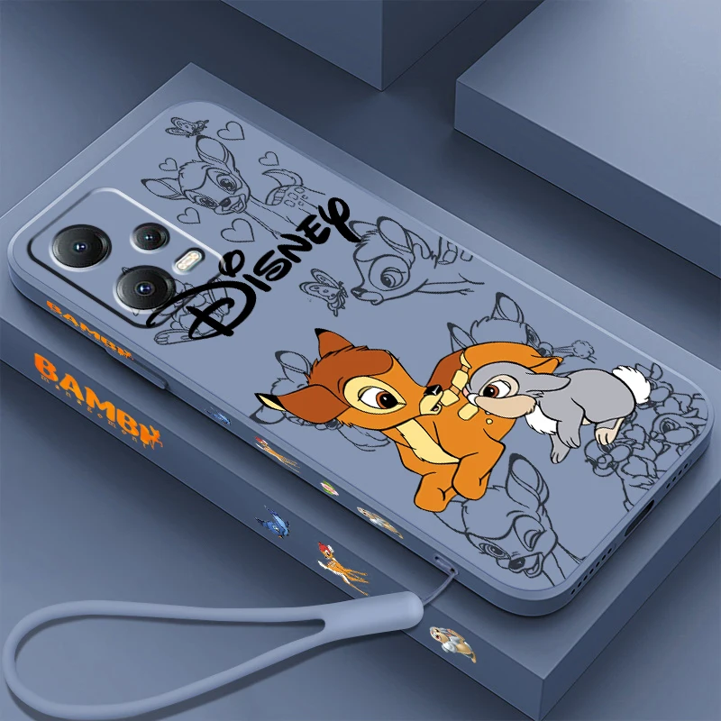 Disney Bambi Luxury Cartoon Liquid Left Rope For Xiaomi Redmi Note 12 12S 12R 11 11T 11S 10 10S 9 8 8T Pro Plus 5G Funda