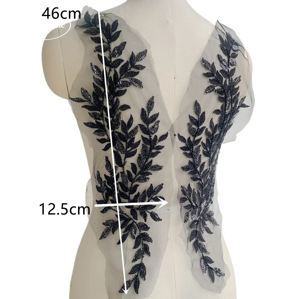 46 * 12,5CM Hochwertige Perlen-Pailletten-Blätter Bestickte Spitze Große Spiegelblumen-Applikation Patch DIY Hochzeitsaccessoires zum Nähen – Detail 2