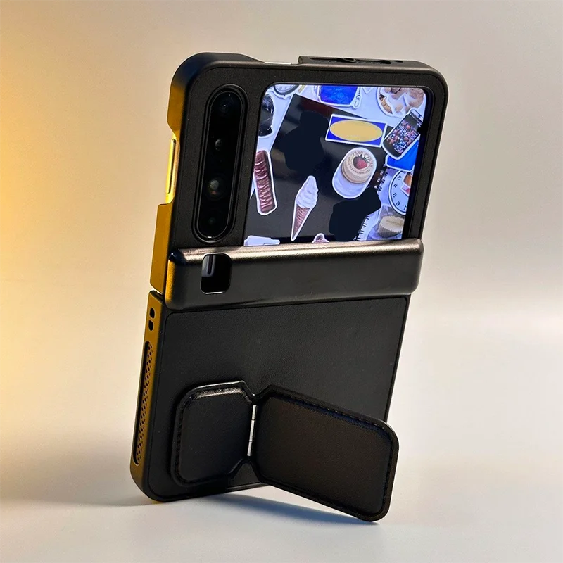 Luxury Stand Flip Case For Samsung Galaxy Z Flip7 Zflip6 Zflip5 / Huawei Pura X Case Spring Hinge Protection