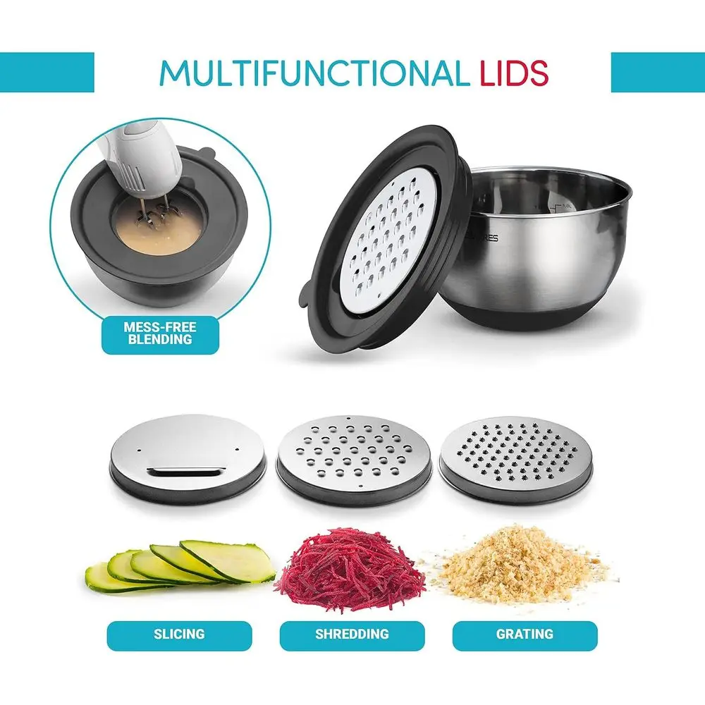 5-Piece Stainless Steel Mixing Bowl Set with Lids, Non-Slip Base, 3 Grater Attachments for Kitchen Prep and Storage, Matte Black