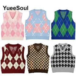 Y2K Aesthetic Vintage Sweater Vest 2026 New Loose Knitted Female Waistcoat Argyle Printed Sleeveless Loose Casual Oversized Tops