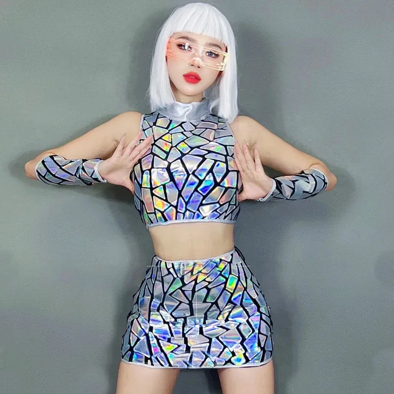 Shiny Sequins Short Skirt Sexy Crop Tops Stage 2 Piece Outfit Women Gogo Dancer Group Jazz Dance Performance Costume Rave Show