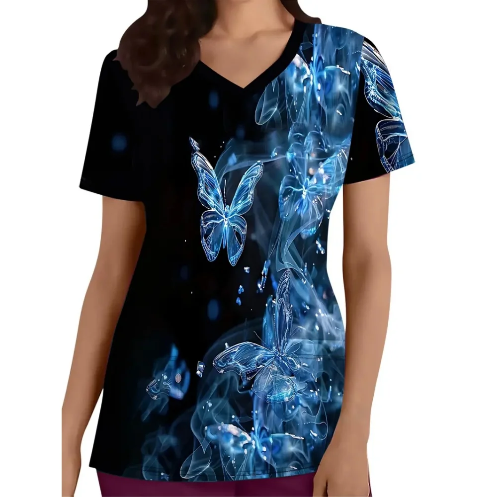 Uniforme clinique pour femmes, mode imprimé papillon, col en v, gommage dentaire pour femmes, microstretch, uniforme d'infirmière à manches courtes, été