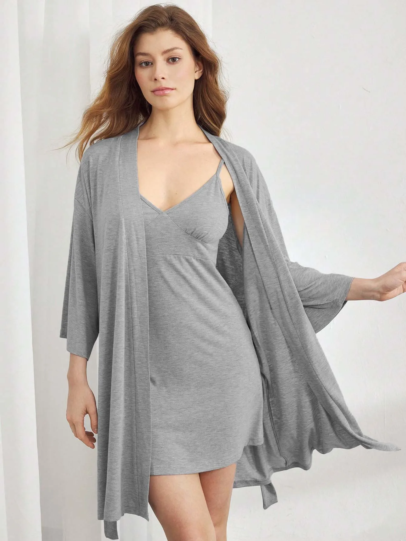 2 Piece Women Pyjamas Set Silk Soft Camisole Nightgown with Robe Grey Kimono Dress V Neck Sleepwear Lounge Sets Vestidos view 3