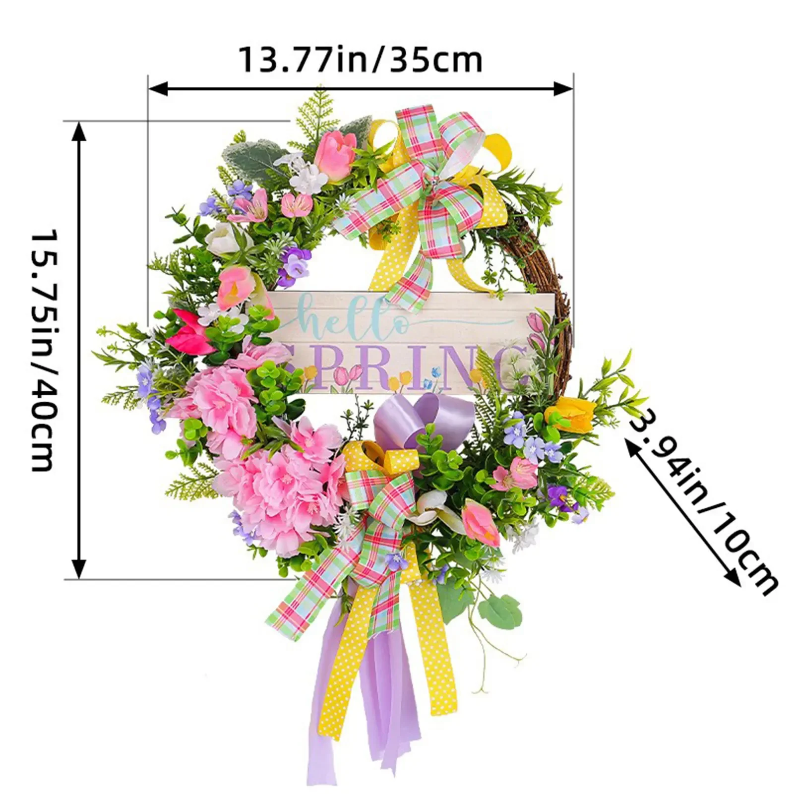 Spring Withered Branch Wooden Plaque Wreath Colorful Ribbons Bows Green Grass Flower Wreaths Shopping Mall Window Home Decor