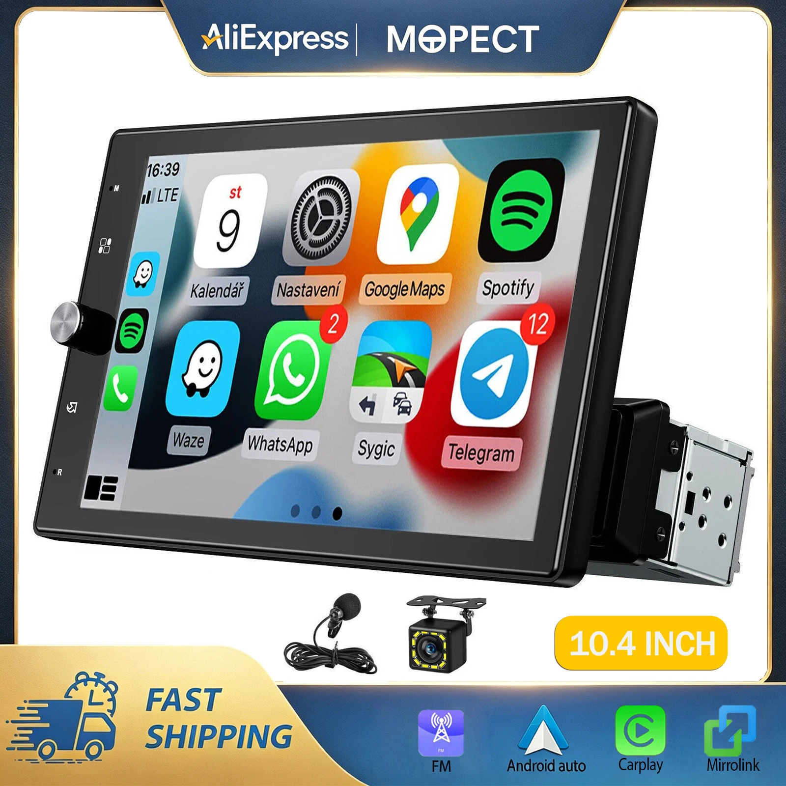 Universelles Autoradio Mopect Android 15 10,4 Zoll 360 °     Touchscreen 1 Din Kabelloses Carplay Android Auto GPS-Navigation RDS WLAN Mikrofon FM