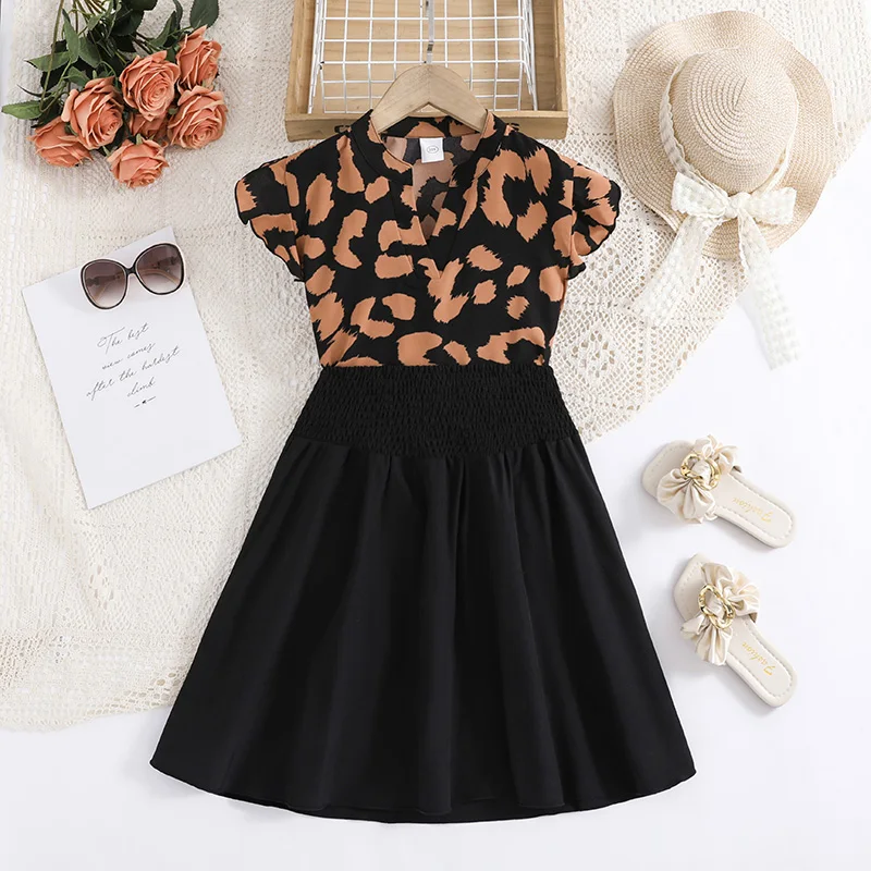 Girls Outfit 8-12 Years Old Leopard Print V-neck Top + Black Skirts Summer Girls Cool 2Pcs Set Fashion Classic Style