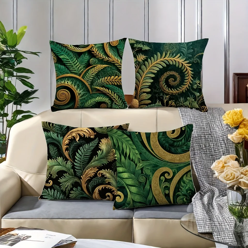 Elegant 4pcs Emerald Green Baroque Tropical Print Throw Pillow Covers Cushion Case for Luxury Sofa Bedding Home Decor Statement